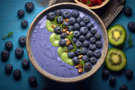 A healthy blueberry super-food smoothie bowl Generative AI Illustration.の素材
