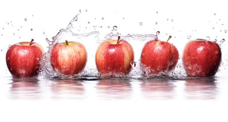 Set of healthy raw ripe fresh red apples with water splashing effect on a white background Generative AI Illustration.の素材