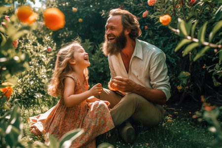 A father and his daughter in the garden laughing at very happy time Generative AI Illustration.の素材
