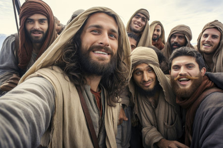 Selfie of Jesus Christ accompanied by the apostles and disciples Generative AI Illustration.の素材