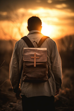 Missionary man with suitcase on his back walking through the field at sunset taking he Word of God Generative AI Illustration.の素材