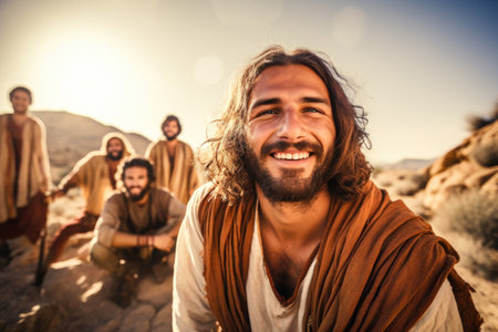 Selfie of Jesus Christ accompanied by the apostles and His disciples in the midst of nature teachings Generative AI Illustration.の素材