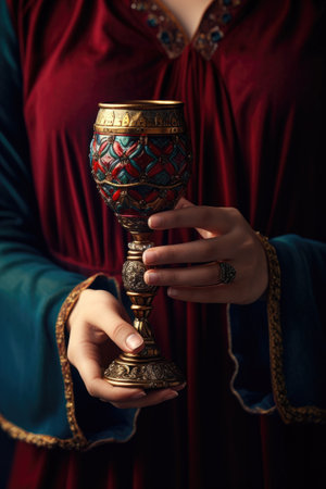 A woman dressed in scarlet holding a golden chalice in her hand Bible Babylon Generative AI Illustration.の素材