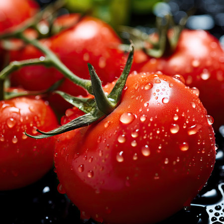Fresh organic red raw bunch of tomatoes with green leaves background Generative AI Illustration.の素材