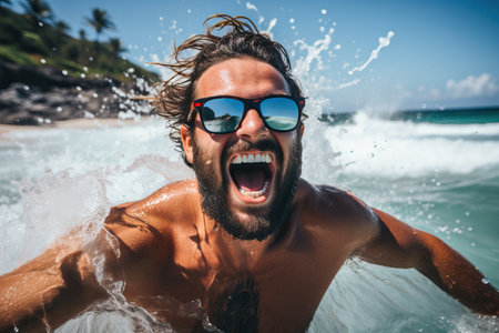 A super happy man to be on the beach at summertime vacation Traveling the world Generative AI Illustration.の素材