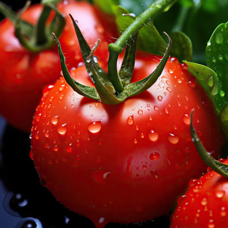 Fresh organic red raw tomato with green leaves background Generative AI Illustration.の素材