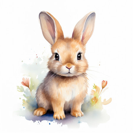 Watercolor painting of a cute rabbit with flowers at springtime Generative AI Illustration.の素材
