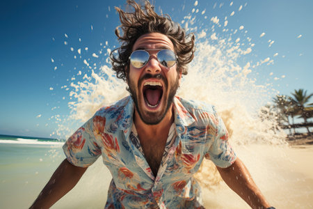 A super happy man to be on the beach at summertime vacation Traveling the world Generative AI Illustration.の素材