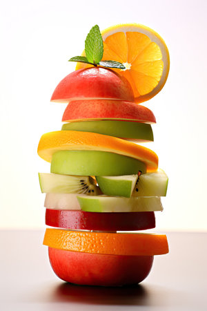 Pile of several slices of fresh healthy organic raw fruits on white background Generative AI Illustration.の素材