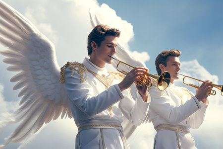 Angels Playing a Trumpet in the Clouds of Heaven Announcing the Gospel of Salvation to the World Generative AI Illustration.の素材