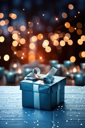 Gift box on a table with a blue bow and blurred bokeh lighting effects background Generative AI Illustration.の素材