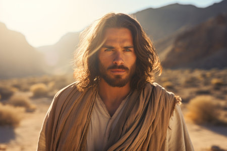 Jesus Christ in the desert of temptation facing his enemy Generative AI Illustration.の素材