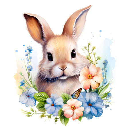 Watercolor painting of a cute rabbit with flowers at springtime Generative AI Illustration.の素材