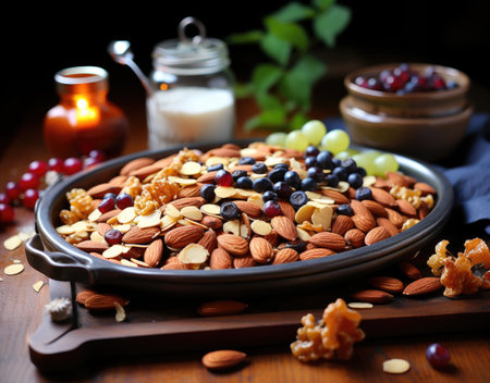 Homemade granola mixture of nuts berries and fruit breakfast healthy food diet Generative AI Illustration.の素材