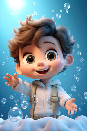 3D illustration of a cute boy washing his hands in the lavatory with soap balls in the air Hygiene Education in School Generative AI.の素材