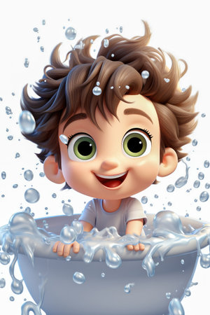 3D illustration of a cute girl taking a bath in her bathtub with soap balloons Hygiene Education in School Generative AI.の素材