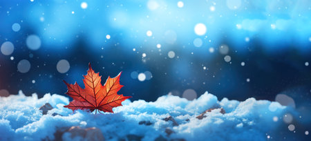 Snow background with a red leaf and bokeh lighting effects Generative AI Illustration.の素材
