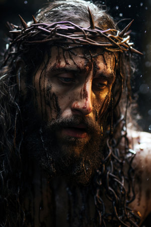 Jesus Christ with a crown of thorns on head passion for the human being The Lamb of God Generative AI Illustration.の素材