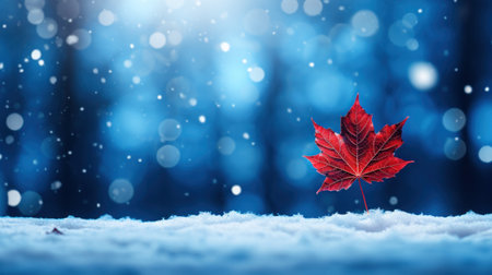 Snow background with a red leaf and bokeh lighting effects Generative AI Illustration.の素材
