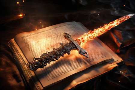 Background of a illustration of a medieval sword dagger with fire effects hover a ancient book Generative AI.の素材