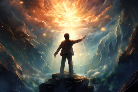Illustration of a young boy standing on top of a mountain with his arm facing the sky and talking to God Generative AI Illustration.の素材