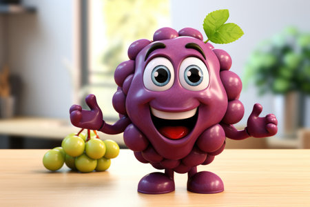 3D bunch of purple grapes funny cartoon character with eyes on white background Generative AI Illustration.の素材
