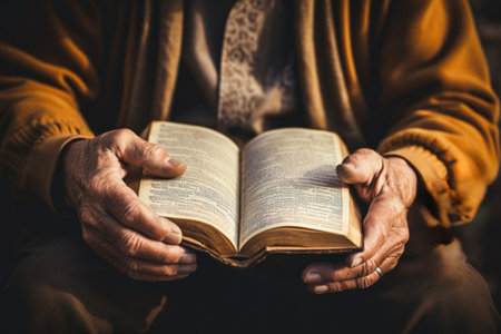 An elderly man with his hands on top of a Bible praying and studying the holy scriptures Generative AI Illustration.の素材