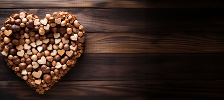 Vintage antique wooden background with a heart shape made with heart shaped pieces of wood and hazelnuts Generative AI Illustration.の素材