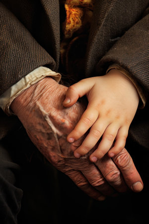 A hand of an experienced elderly man and a hand of a young child meeting of two generations Generative AI Illustration.の素材