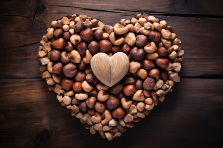 Rural wooden background with a heart shape made with dried fruits and pieces of wood Generative AI Illustration.の素材