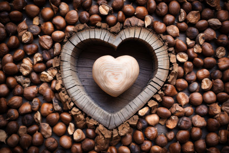 Vintage antique wooden background with a heart shape made with bark with a wooden heart and hazelnuts Generative AI Illustration.の素材