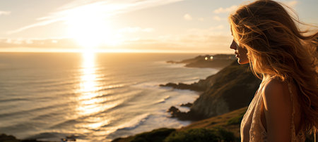 A young woman praying in silent looking at the sea at sunset in a tranquil and relaxing landscape Generative AI Illustration.の素材