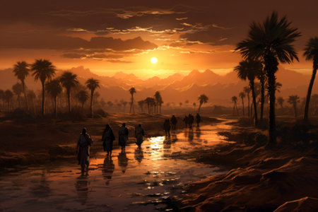 People of Israel crossing the wilderness desert toward the promised land of Canaan at Gods guidance Generative AI Illustration.の素材