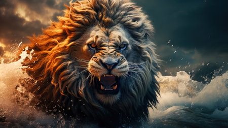 A powerful lion the beast symbolizing the Babylonian empire in the book of Daniel in the Bible Generative AI Illustration.の素材