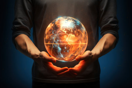 Background of a man holding an explored globe planet earth with his hands Generative AI Illustration.の素材