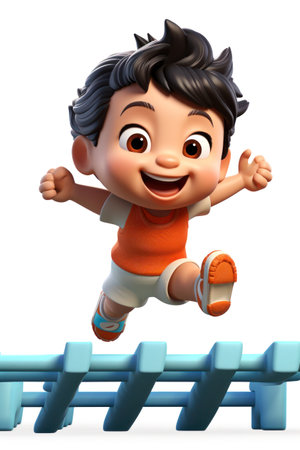 3D illustration of a cute boy running fast Physical Exercise jump hurdles Education in School Generative AI.の素材