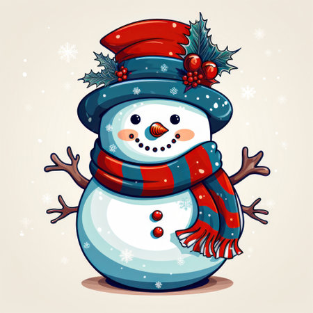 Illustration of a cute Christmas snowman cartoon wearing a hat and and scarf on white background Generative AI.の素材