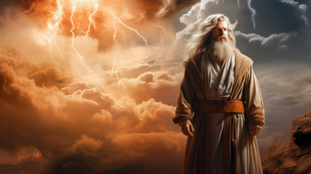 Background illustration of apostle John in island of Patmos being inspired by the Holy Spirit to write the book of Revelation Generative AI.の素材