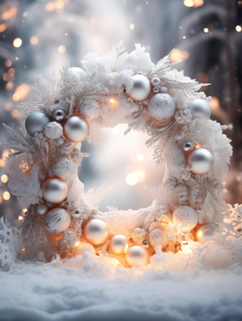 Christmas wreath decorated with white balls with a winter environment blurred background Generative AI Illustration.の素材