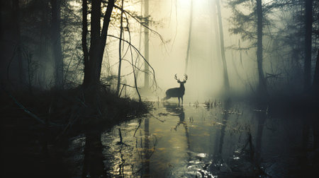 Portrait illustration in the middle of the wilderness forest with a river and a deer in a foggy environment Generative AI.の素材