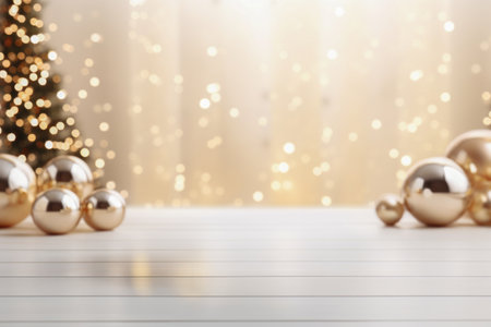 Luxury Christmas ornaments background with soft golden and light colors and bokeh effect Generative AI Illustration.の素材