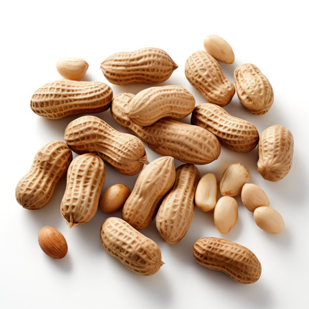Peanuts pile with and without shell source of protein isolated on white background Generative AI Illustration.の素材