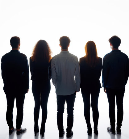 Silhouette of several people seen from behind with white background Generative AI Illustration.の素材