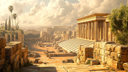 Exterior portrait of ruins of a Roman temple background Generative AI Illustration.の素材