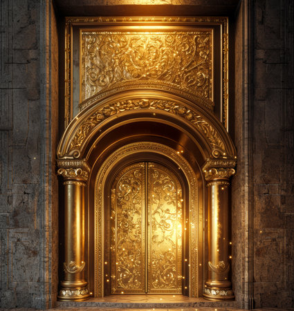 Background of a golden door made of pure solid gold in a luxurious environment Generative AI Illustration.の素材