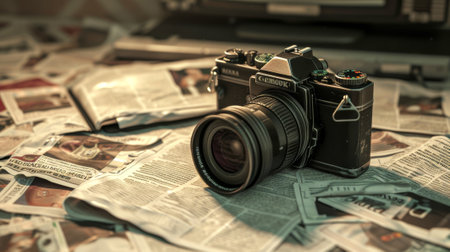 Vintage old photo camera photojournalism from the last century Generative AI Illustration.の素材