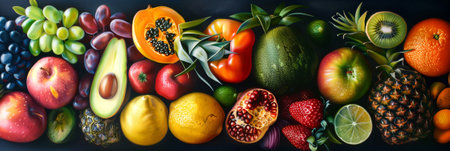 Beautiful and colorful fruits banner background Healthy Food Generative AI Illustration.の素材