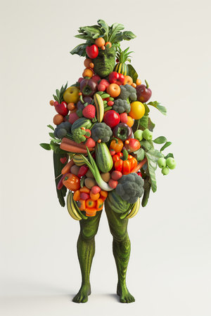 Human body made of fruits and vegetables live and raw food Vegan Day Generative AI Illustration.の素材