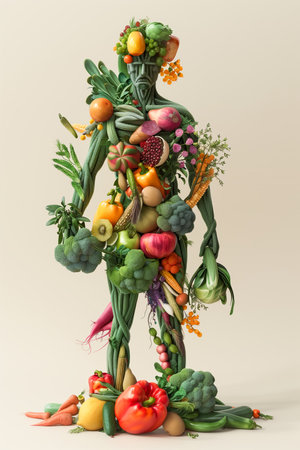 Human body made of fruits and vegetables live and raw food Vegan Day Generative AI Illustration.の素材