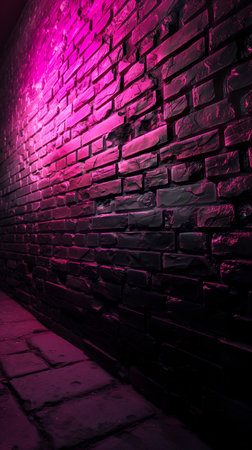 Black pink brick wall background rough concrete with neon lights and glowing lights Generative AI Illustration.の素材